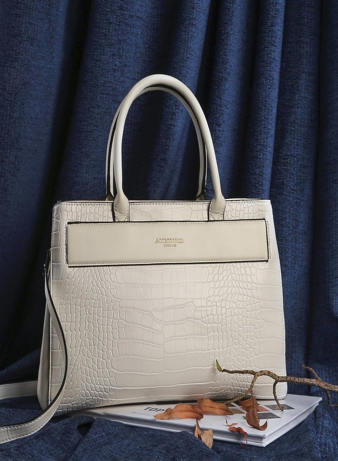 أكسيسورايز حقيبة يد نسائية من أكسسورايز لندن، مصنوعة من الجلد الصناعي بلون عاجي بنقشة جلد التمساح | حقيبة يد نسائية - Image 5